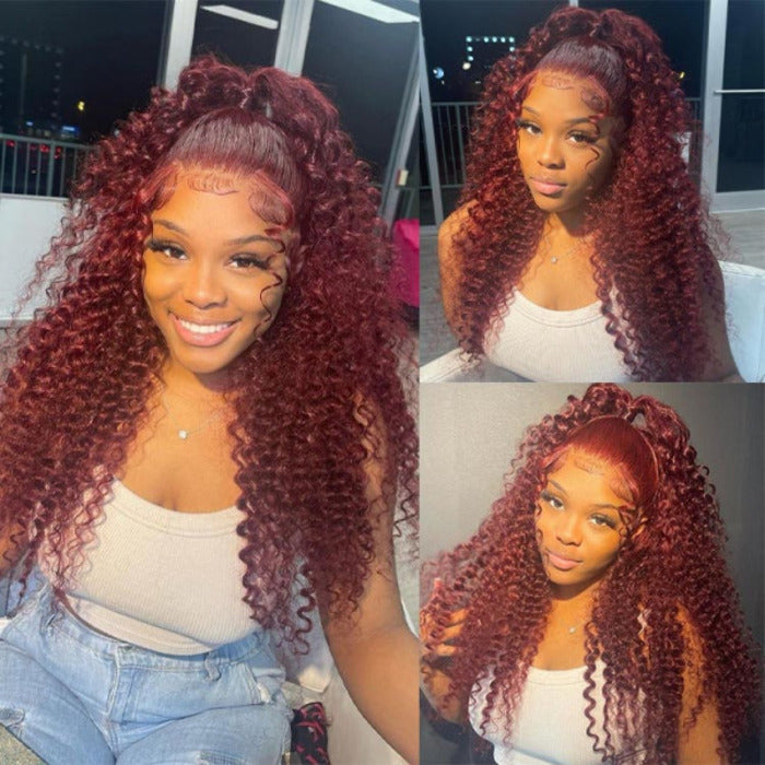 Color 99j Burgundy Deep Wave Human Hair Wigs Pre Colored HD Lace Front
