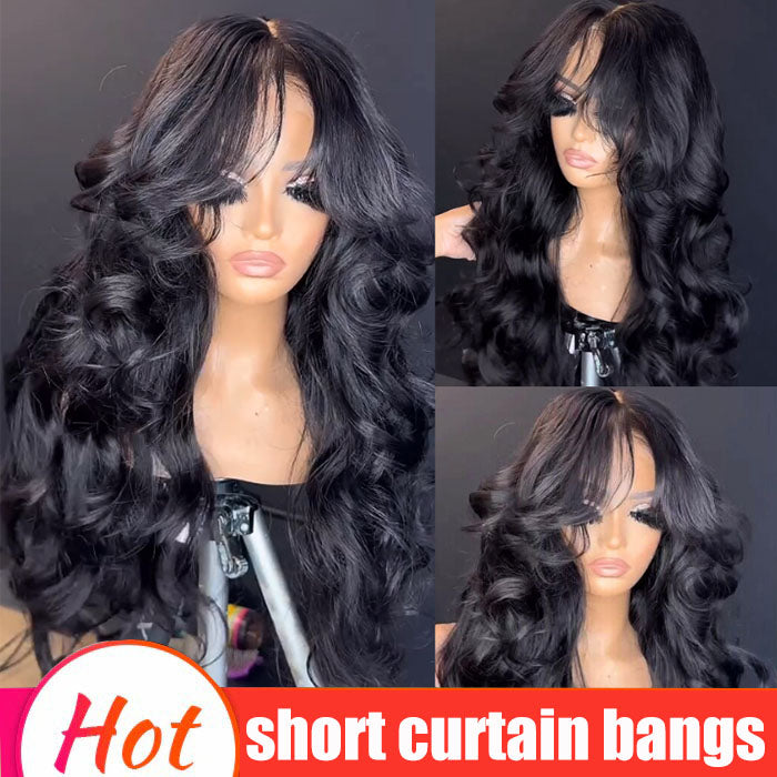 Curtain Bangs Body Wave Glueless HD Lace Frontal Human Hair Wigs with Adjustable  Strap