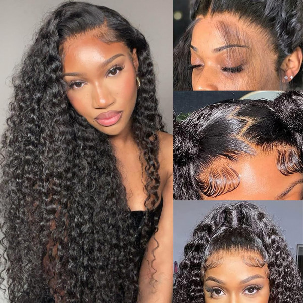 Pizazz 13x4 Human Hair Lace Front Wigs for Black Women Glueless 180 Density  HD Transparent Deep Wave Frontal wig with Baby Hair Pre Plucked Bleached  Knots(14 Inch Black color) 14 Inch (Pack