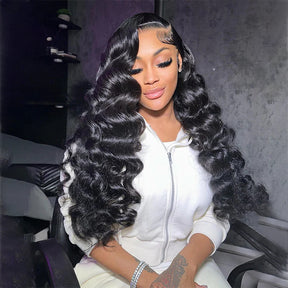 Loose Deep Wave Natural Black Hair 13x6 HD Lace Frontal Wig Wand Curls Human Hair Wigs