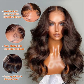 New 4# Chocolate Brown 13X6 HD Lace Human Hair Wigs Pre Plucked Hairline