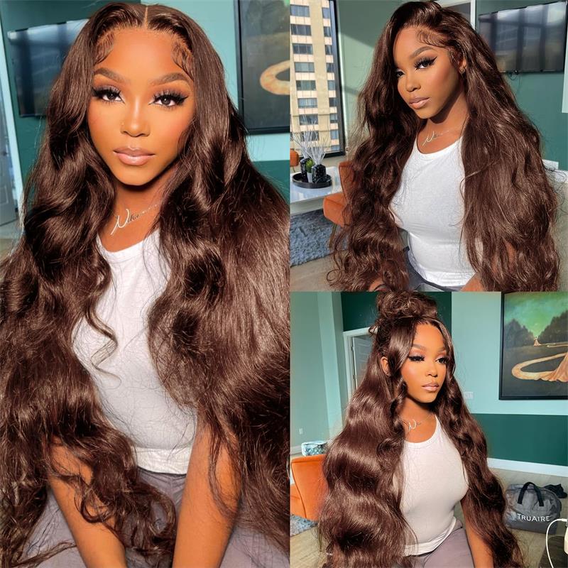 New 4# Chocolate Brown 13X6 HD Lace Human Hair Wigs Pre Plucked Hairline