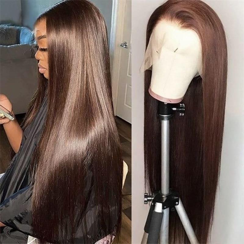 New 4# Chocolate Brown 13X6 HD Lace Human Hair Wigs Pre Plucked Hairline