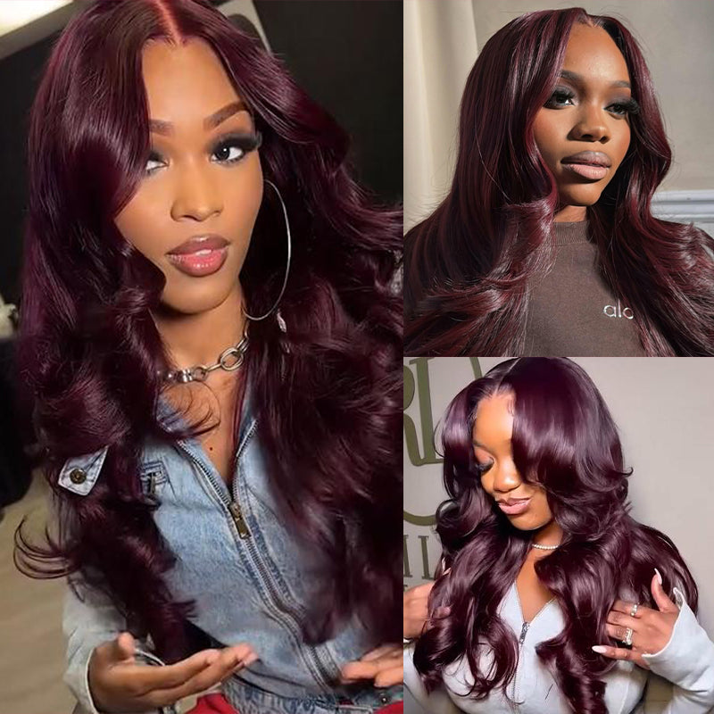 Dark Purple Sugar Plum  Black Cherry Curtain Bangs 5x5 HD Lace Body Wave Human Hair Wig