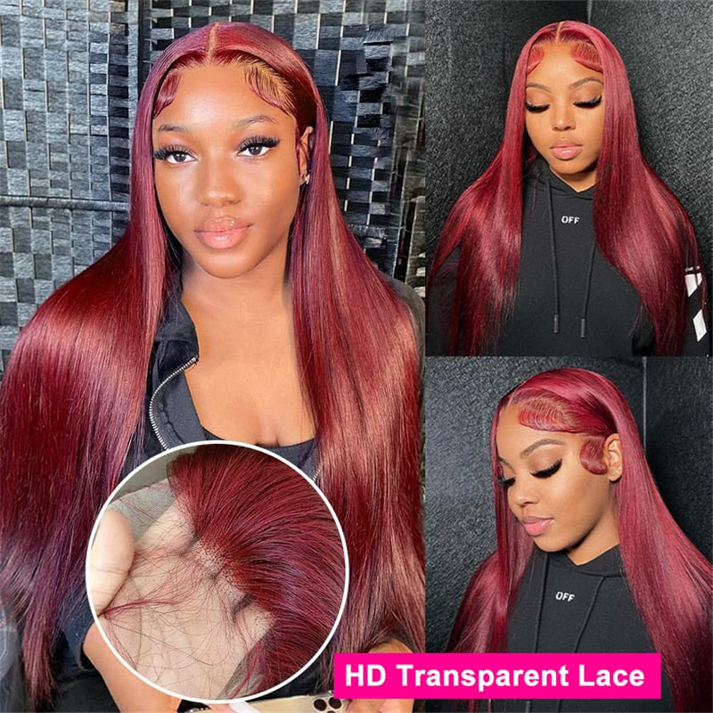 99J Burgundy Color Wig Bone Straight Human Hair 13x4 13x6 HD Lace Front Wigs For Women