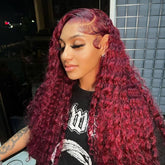 Color 99j Burgundy Deep Wave Human Hair Wigs Pre Colored HD Lace Front Wigs