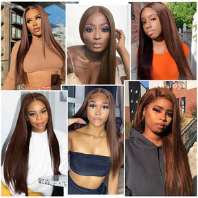 New 4# Chocolate Brown 13X6 HD Lace Human Hair Wigs Pre Plucked Hairline