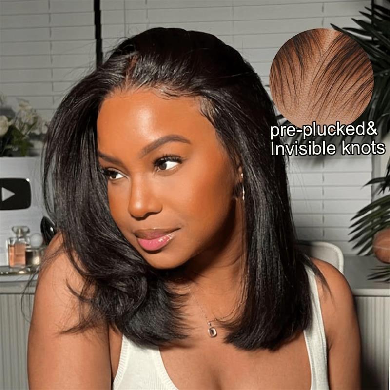 Yaki Straight And Kinky Straight Newborn Hairline 13X4 AND 13X6  HD Lace Black Wig 230% Density