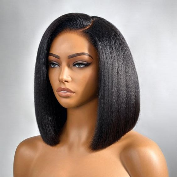 Pizazz Hair Yaki Straight Put On and Go Glueless Lace Wigs 8x5 Pre-cut Human Hair Lace Wig Kinky Straight