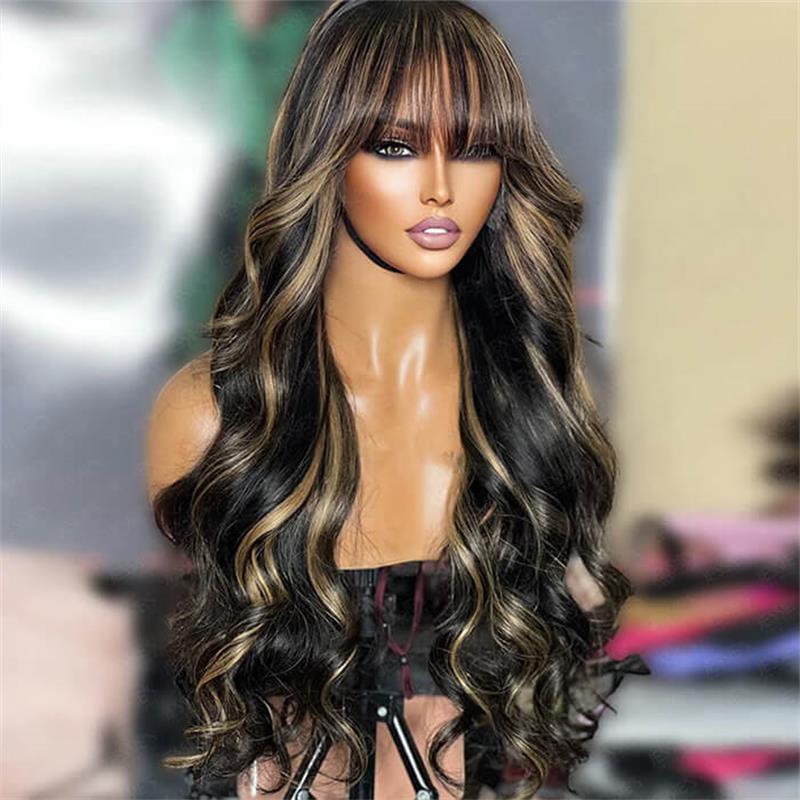 Blonde Highlight Body Wave Top Lace With Bangs 220% Density