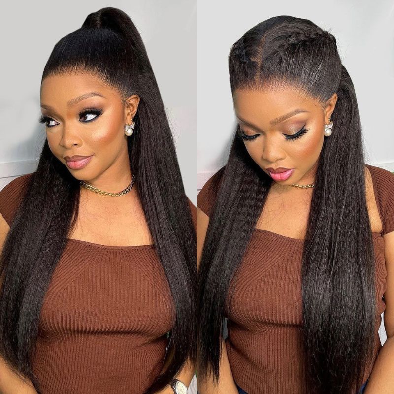 Pizazz Hair Yaki Straight Put On and Go Glueless Lace Wigs 8x5 Pre-cut Human Hair Lace Wig Kinky Straight