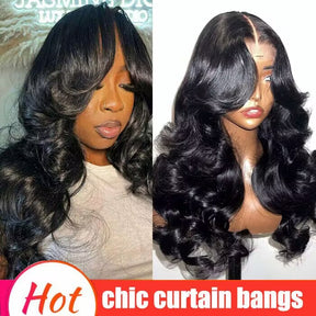 Curtain Bangs Body Wave Glueless HD Lace Frontal Human Hair Wigs Bleached Knots with Adjustable Strap