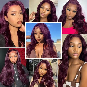 Dark Purple Sugar Plum  Black Cherry Curtain Bangs 5x5 HD Lace Body Wave Human Hair Wig