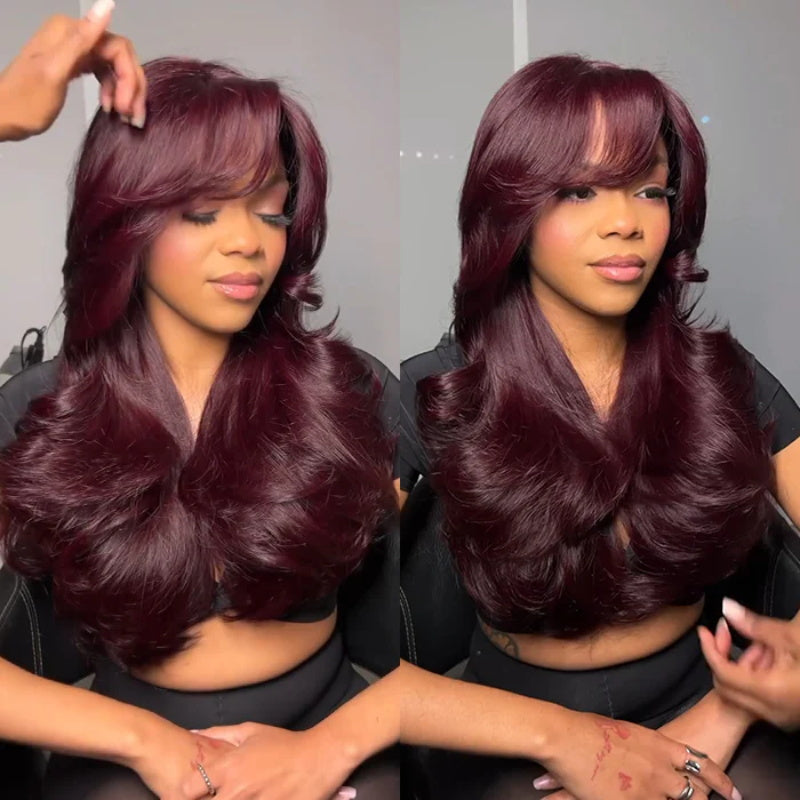 Dark Purple Sugar Plum  Black Cherry Curtain Bangs 5x5 HD Lace Body Wave Human Hair Wig