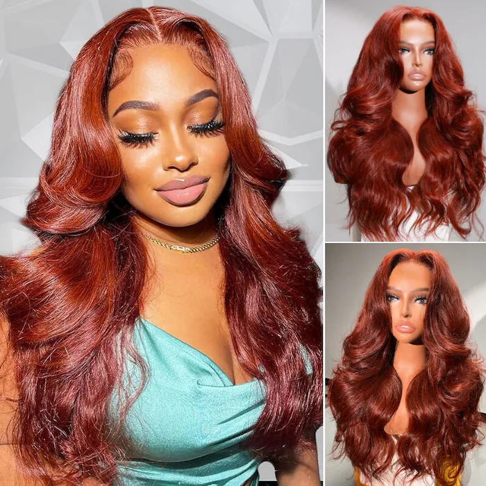 13x6 HD Reddish Brown Wigs Body Wave Dark Auburn Human Hair Wigs with Pre-Bleached Knots  Lace Wig