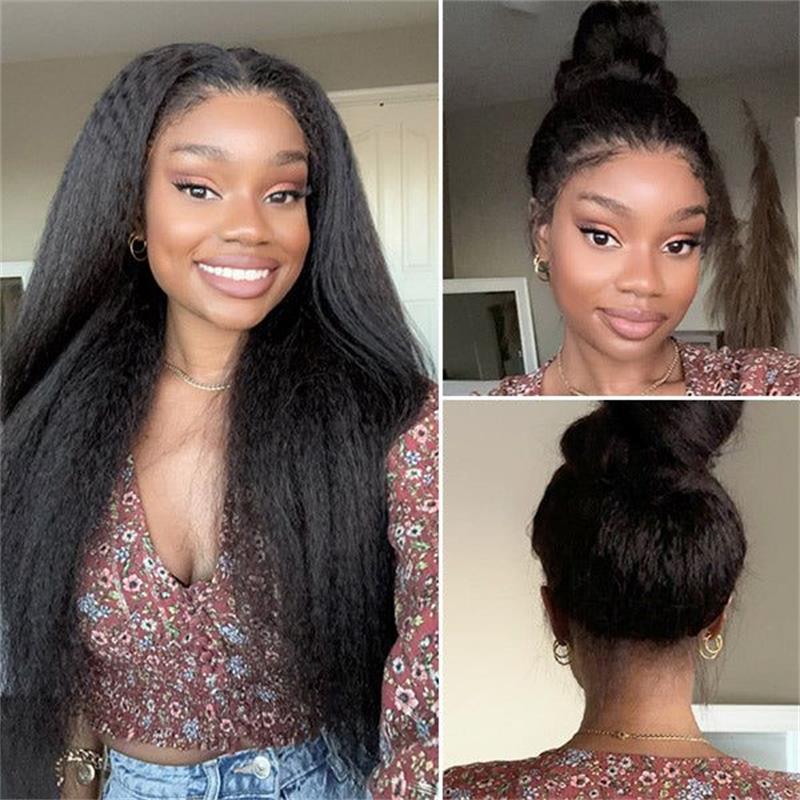 4C Edge Yaki Straight / Kinky Straight  360 HD Invisible Lace Frontal  Human Hair Wig With Super Natural Hairline