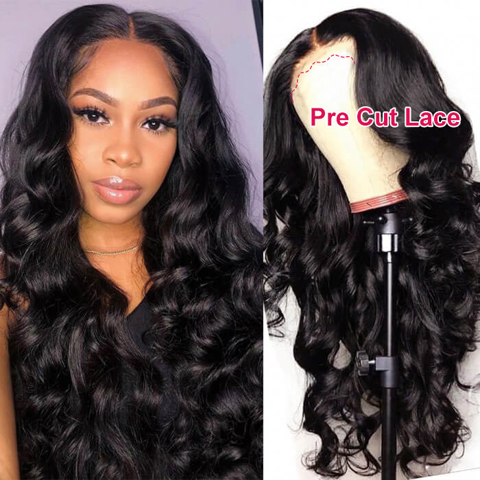 Pre-Everything 8x5 & 13x4 Lace Wig with Ear Tab Tape Glueless Lace Black Body Wave/Straight Wigs With Bleached Knots