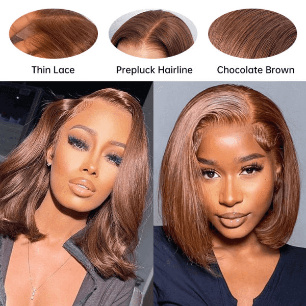 #4 Chocolate Brown Color Straight Bob Wig Pre Plucked HD Lace Human Hair Wigs