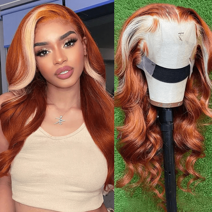 Ginger Wig With Blonde Highlights Body Wave Human Hair HD Lace Front Wigs