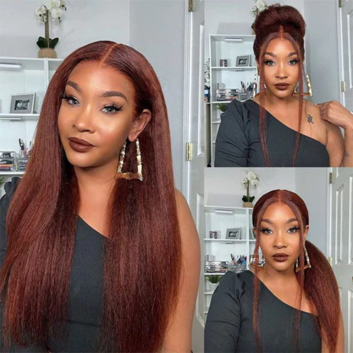 #33 Reddish Brown Kinky Straight Wig Autumn Color Glueless HD Lace Front Human Hair Wigs