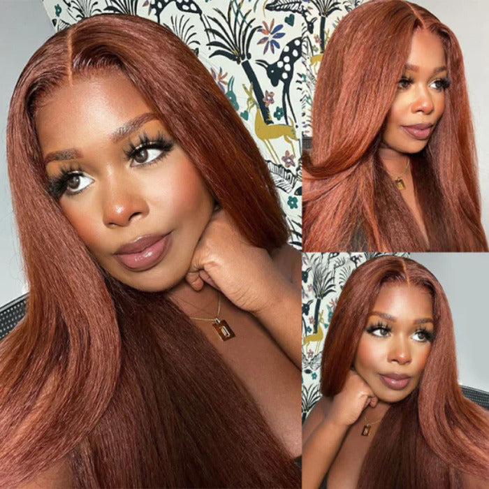 #33 Reddish Brown Kinky Straight Wig Autumn Color Glueless HD Lace Front Human Hair Wigs