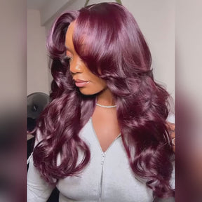 Dark Purple Sugar Plum  Black Cherry Curtain Bangs 5x5 HD Lace Body Wave Human Hair Wig