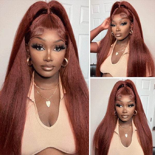 #33 Reddish Brown Kinky Straight Wig Autumn Color Glueless HD Lace Front Human Hair Wigs