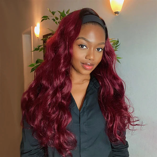 Body Wave 99J Burgundy Color Headband Wigs Virgin Human Hair