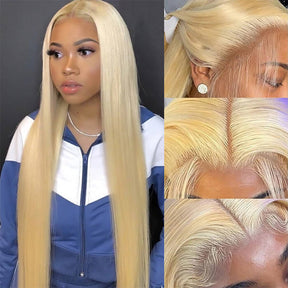 613 Blonde Color 13*6 HD Lace Frontal Silk Straight Human Hair Wigs