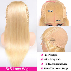 Straight Hair 613 Blonde Human Hair Wigs 5x5 HD Transparent Lace Closure Wigs