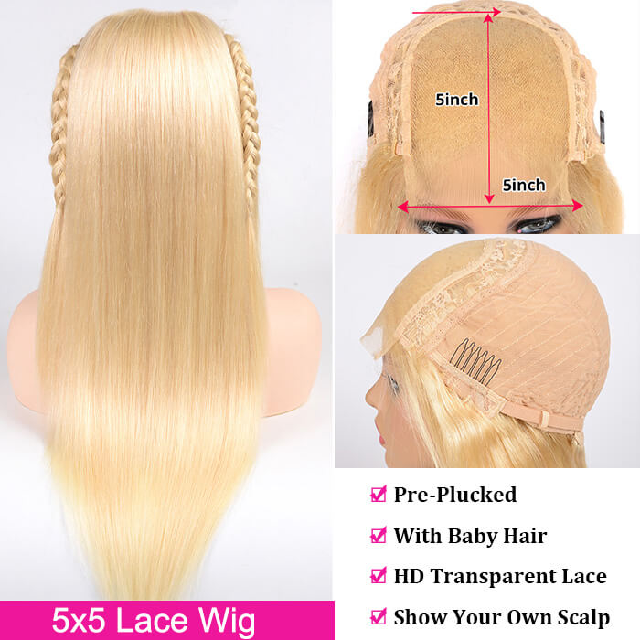 Straight Hair 613 Blonde Human Hair Wigs 5x5 HD Transparent Lace Closure Wigs