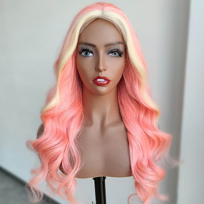 Pink & Blonde Skunk Stripe Color Wig 13*4 HD Lace Front Human Hair Wigs