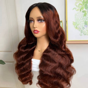 Ombre Color Wigs Reddish Brown Body Wave Human Hair Wigs With Dark Roots  5x5 13x4 13x6 HD Lace Front Wigs with Pre Plucked Hairline