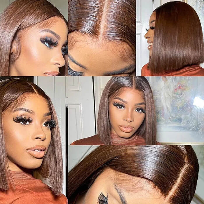 #4 Chocolate Brown Color Straight Bob Wig Pre Plucked HD Lace Human Hair Wigs