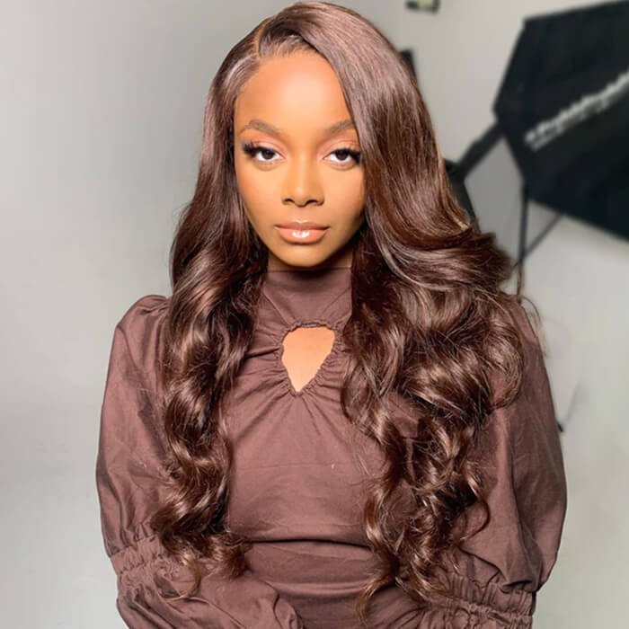 #4 Chocolate Brown Wig Body Wave HD Lace Front Human Hair Wigs | Pre-plucked Glueless Wig