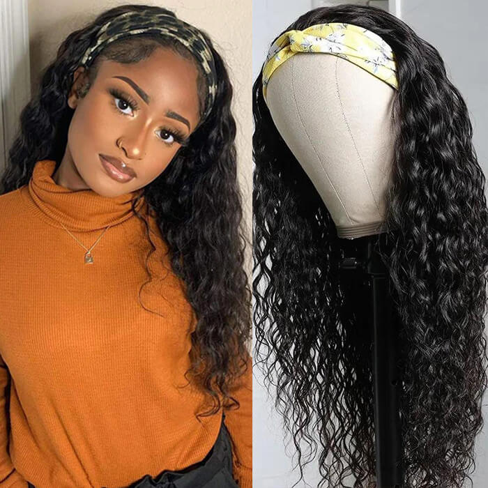 Water Wave Human Hair Headband Wigs 100% Virgin Hair Beginner