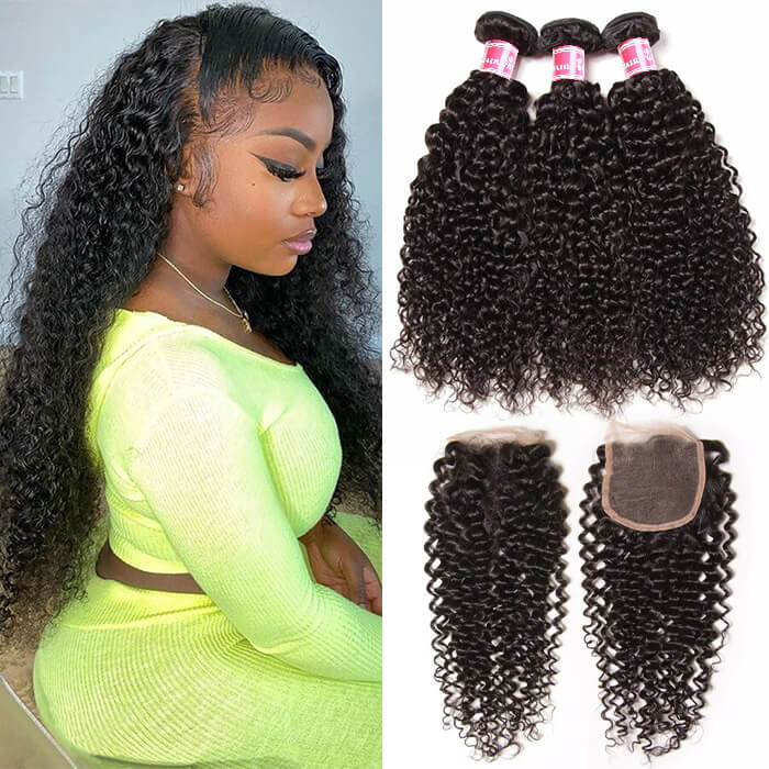 Brazilian Virgin Curly Hair 3 Bundles With 4*4 Lace Closure, Unprocessed Human Hair Extension