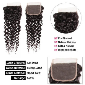 Brazilian Virgin Curly Hair 3 Bundles With 4*4 Lace Closure, Unprocessed Human Hair Extension