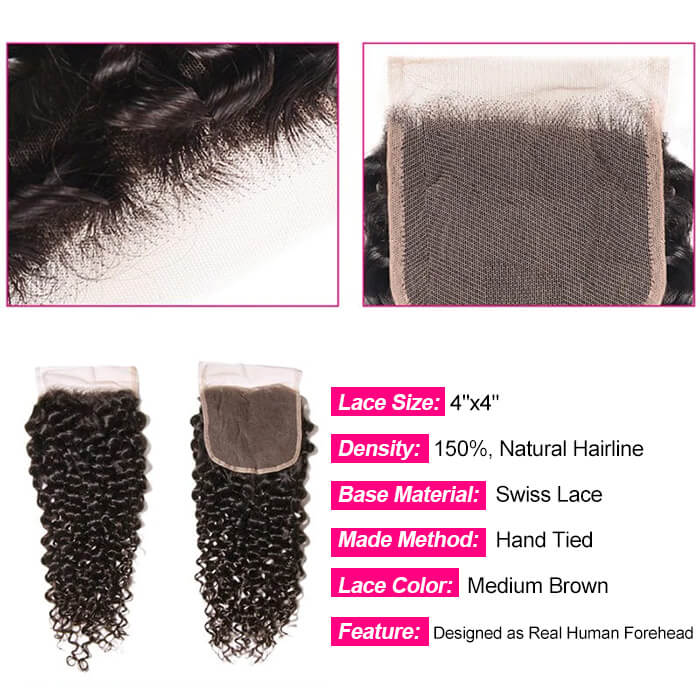 Malaysian 100% Curly Virgin Hair 3 Bundles with 4*4 Lace Closure Human Hair Weave-Pizazz Hair