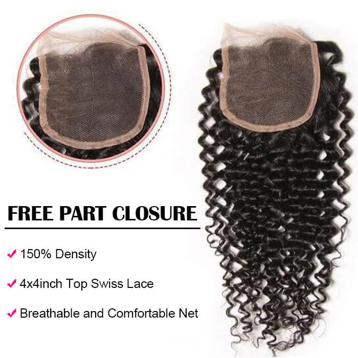 Brazilian Virgin Curly Hair 3 Bundles With 4*4 Lace Closure, Unprocessed Human Hair Extension