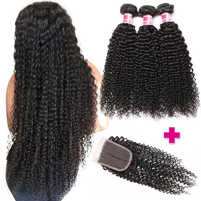 Malaysian 100% Curly Virgin Hair 3 Bundles with 4*4 Lace Closure Human Hair Weave-Pizazz Hair