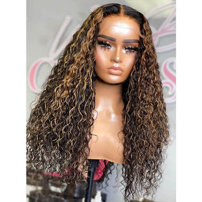 Water Wave Wig Natural Hair Color with Caramel Blonde Highlights Lace Front Wigs