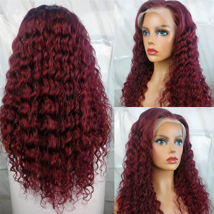 Color 99j Burgundy Deep Wave Human Hair Wigs Pre Colored HD Lace Front Wigs