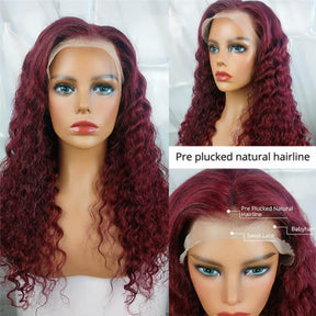 Color 99j Burgundy Deep Wave Human Hair Wigs Pre Colored HD Lace Front Wigs