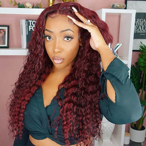 Color 99j Burgundy Deep Wave Human Hair Wigs Pre Colored HD Lace Front Wigs