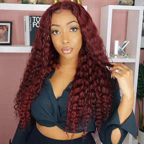 Color 99j Burgundy Deep Wave Human Hair Wigs Pre Colored HD Lace Front Wigs