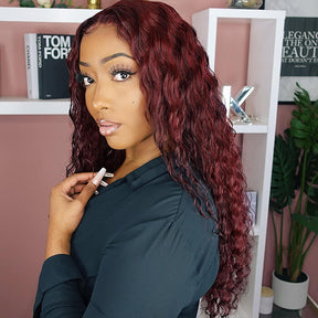 Color 99j Burgundy Deep Wave Human Hair Wigs Pre Colored HD Lace Front Wigs