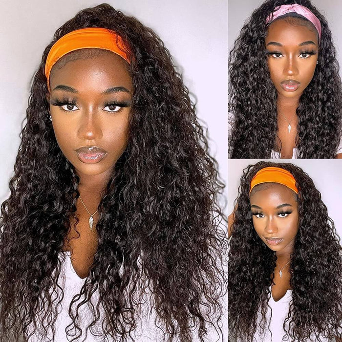 Water Wave Human Hair Headband Wigs 100% Virgin Hair Beginner