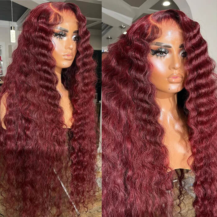 Loose Crimps Wave 99j Burgundy Lace Front Wig 13x4 13x6 HD Lace Human Hair Wigs