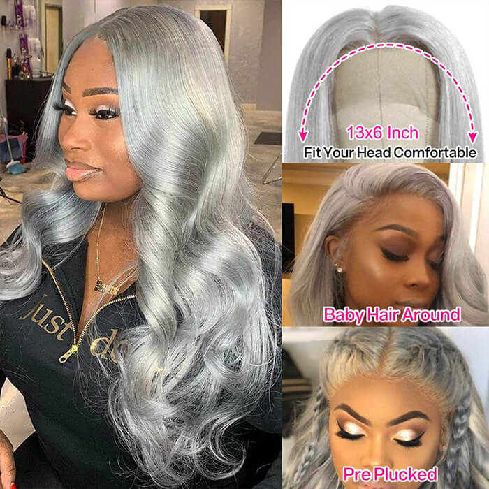 Silver Grey Colored Lace Front Wigs Body Wave Glueless 13*6 HD Lace Human Hair Wigs